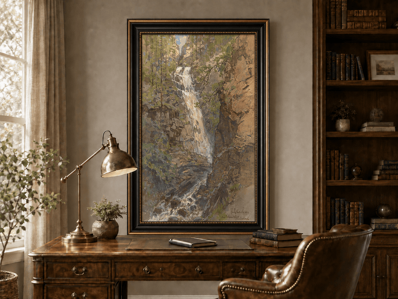 Landscape Oil Painting - Forest Waterfall in Rocky Alpine Gorge