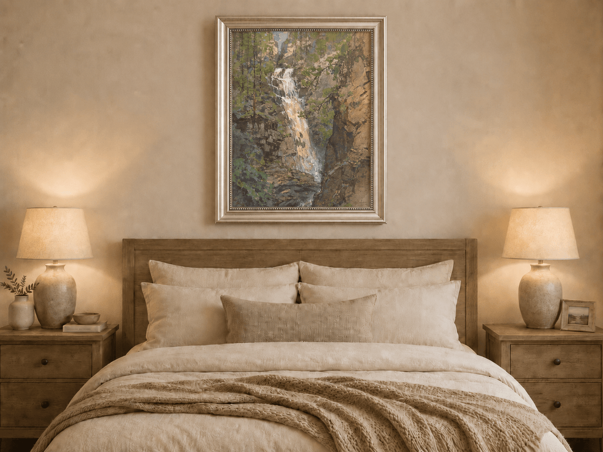 Landscape Oil Painting - Forest Waterfall in Rocky Alpine Gorge