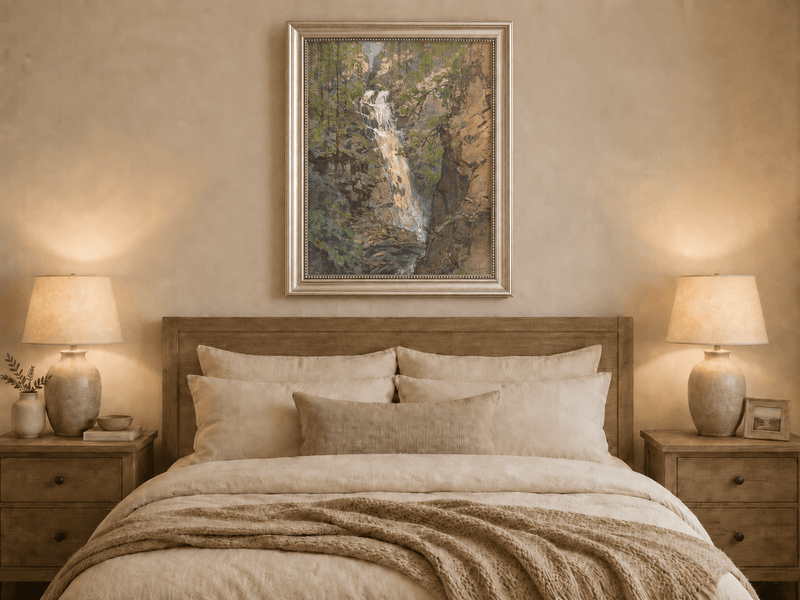 Landscape Oil Painting - Forest Waterfall in Rocky Alpine Gorge