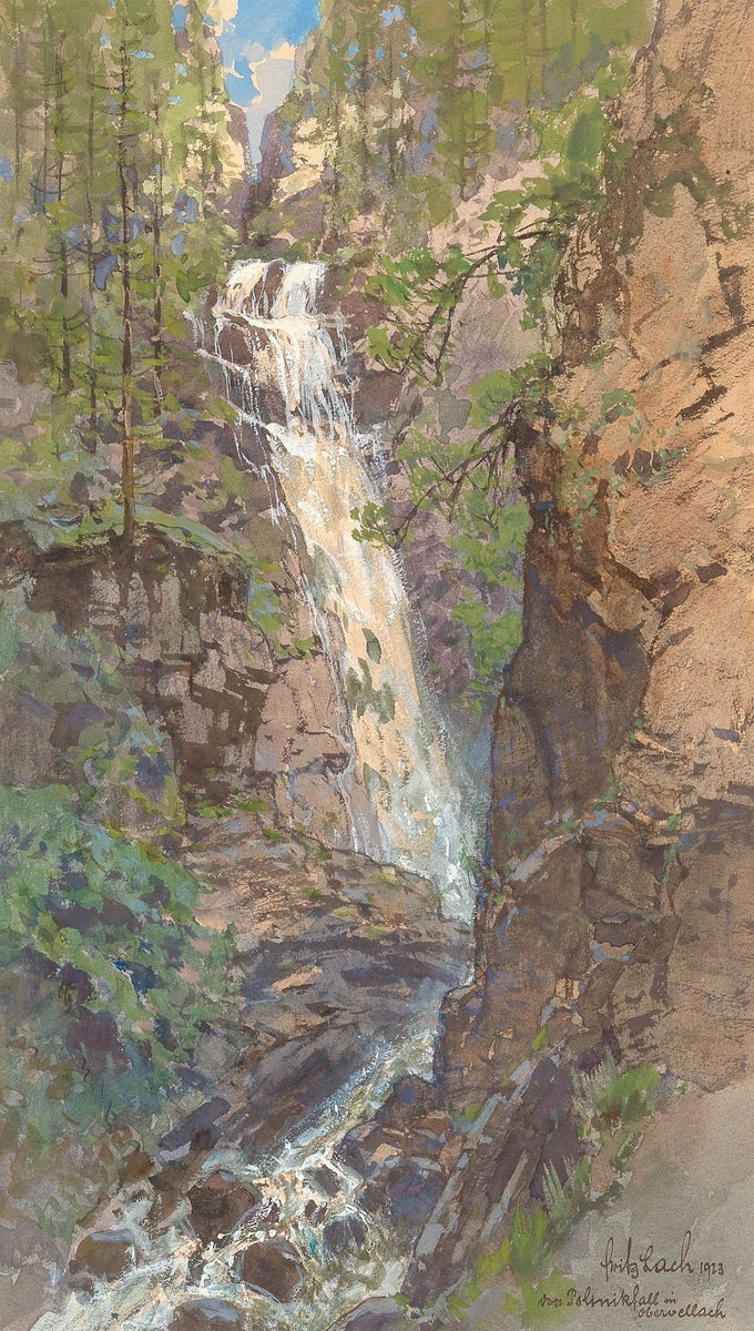 Hand-painted forest waterfall in rocky alpine gorge landscape oil painting on canvas