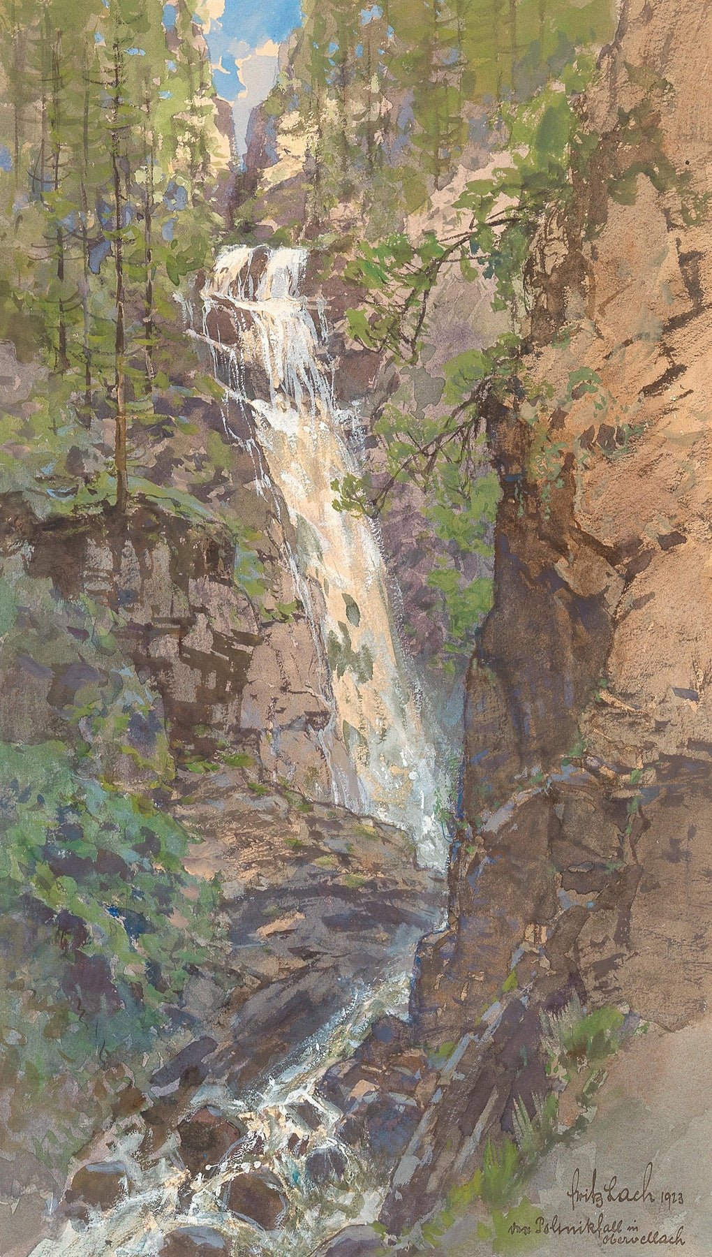 Landscape Oil Painting - Forest Waterfall in Rocky Alpine Gorge - Oil Painting Haven