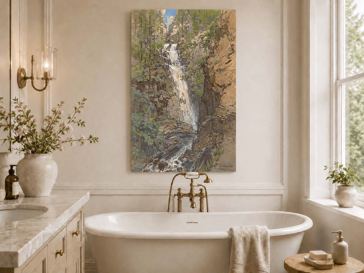 Landscape Oil Painting - Forest Waterfall in Rocky Alpine Gorge