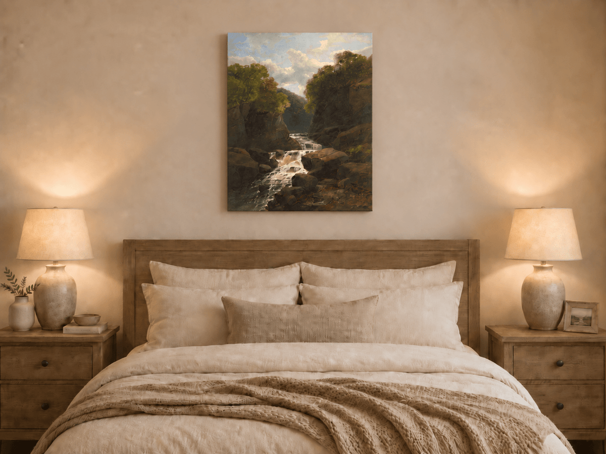 Landscape Oil Painting - Forest Waterfall in Rocky Gorge