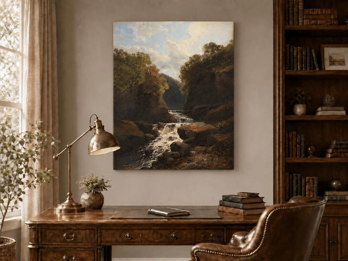 Landscape Oil Painting - Forest Waterfall in Rocky Gorge