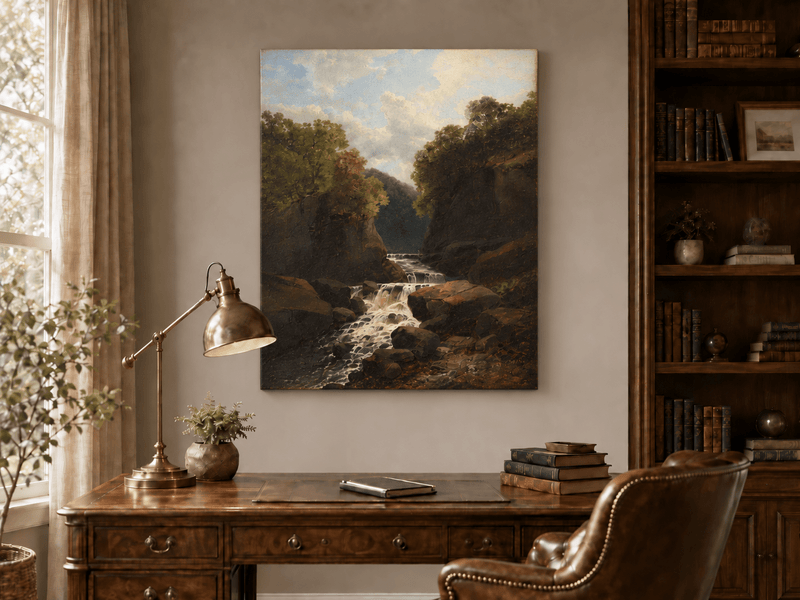 Landscape Oil Painting - Forest Waterfall in Rocky Gorge