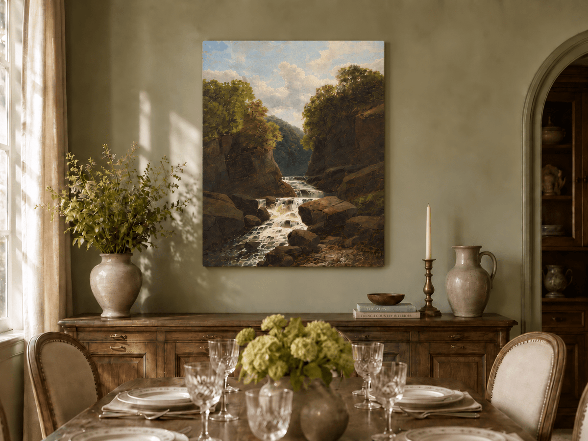 Landscape Oil Painting - Forest Waterfall in Rocky Gorge