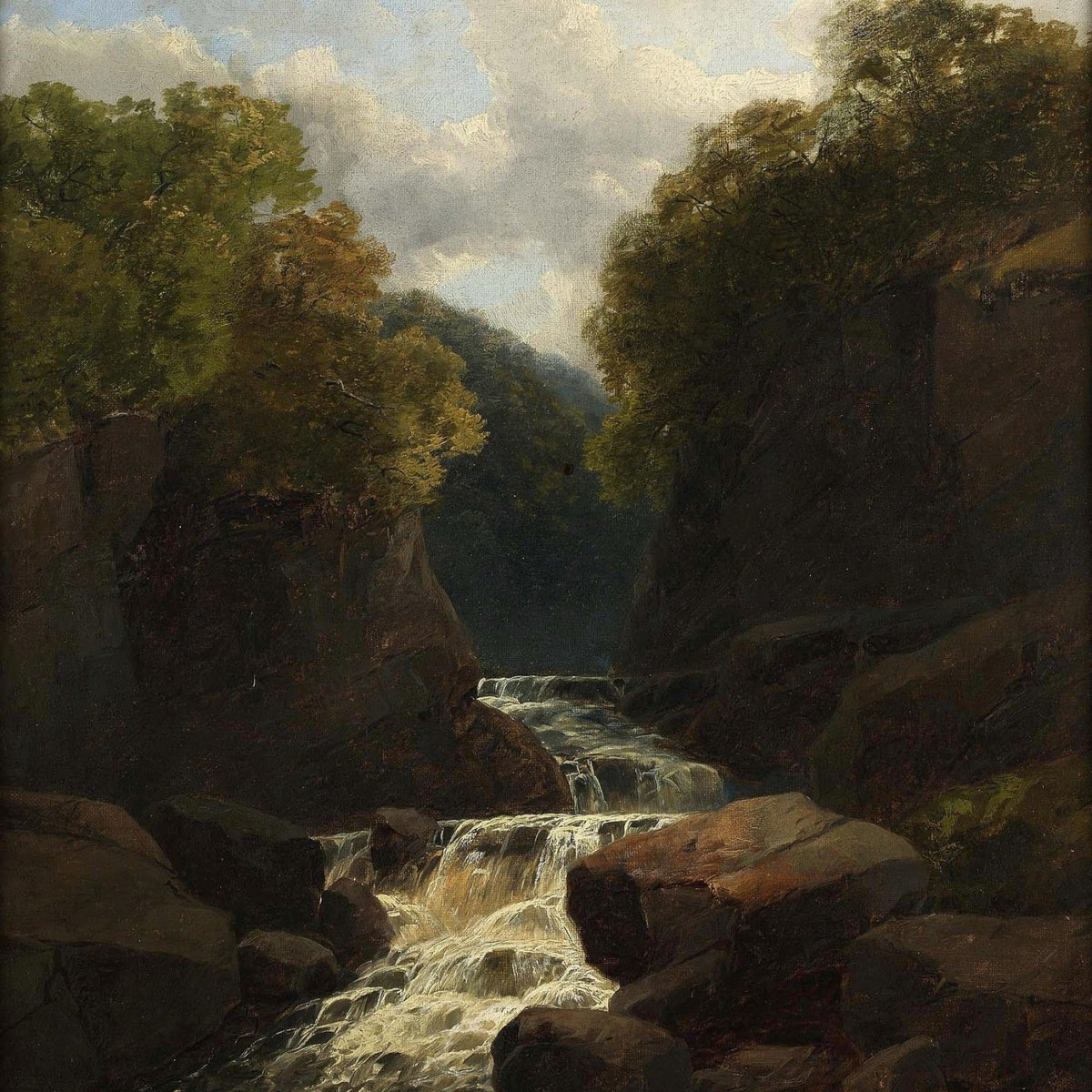 Landscape Oil Painting - Forest Waterfall in Rocky Gorge - Oil Painting Haven