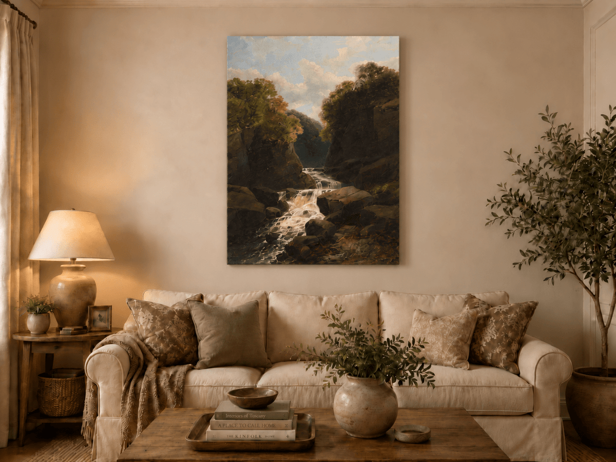 Landscape Oil Painting - Forest Waterfall in Rocky Gorge