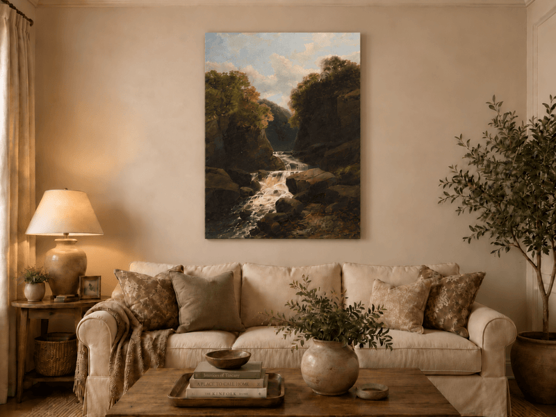 Landscape Oil Painting - Forest Waterfall in Rocky Gorge