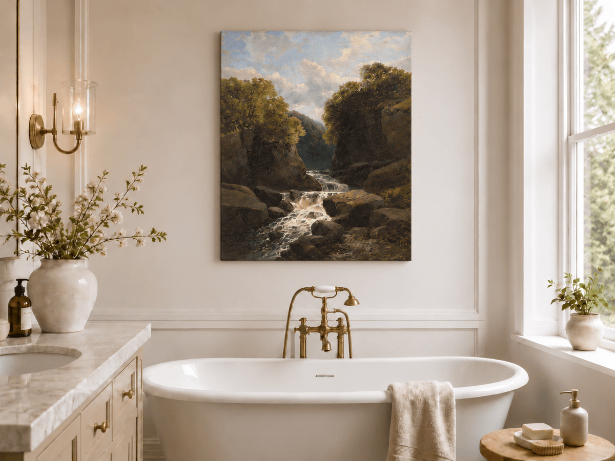 Landscape Oil Painting - Forest Waterfall in Rocky Gorge
