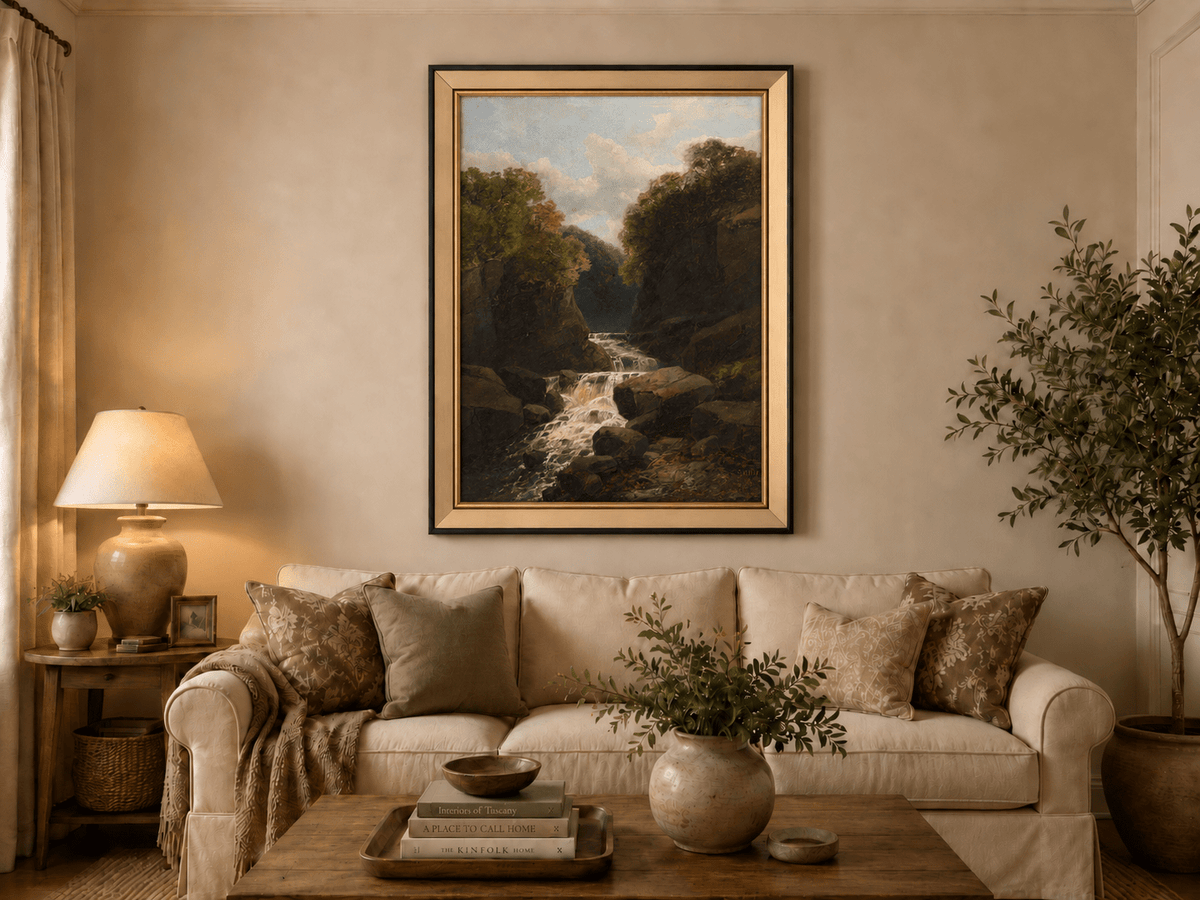 Landscape Oil Painting - Forest Waterfall in Rocky Gorge