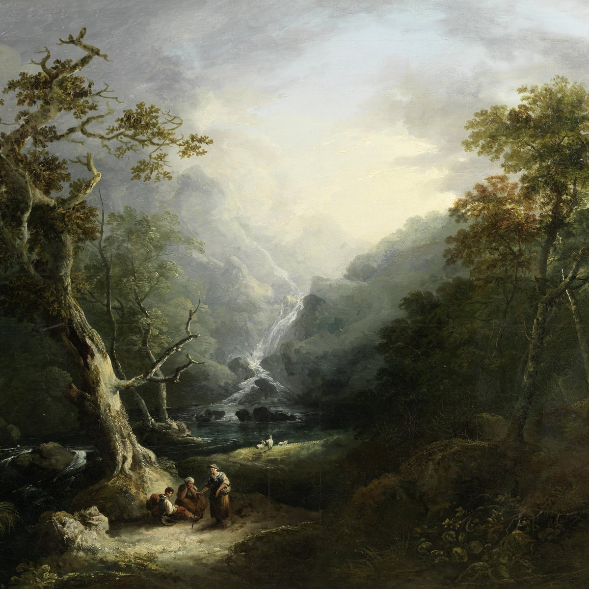 Landscape Oil Painting - Forest Waterfall with Resting Figures - Oil Painting Haven