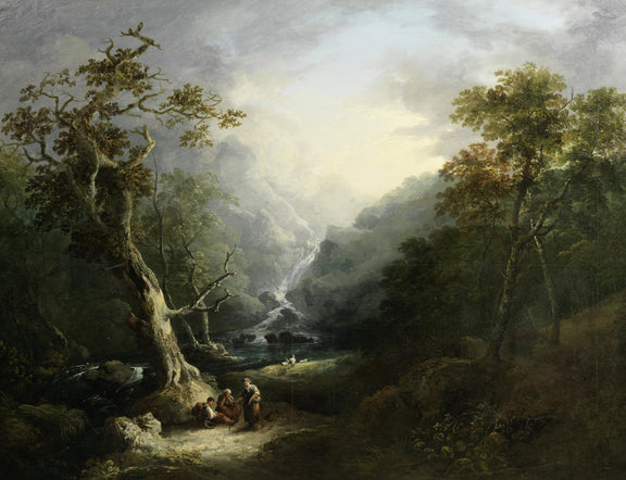 Landscape Oil Painting - Forest Waterfall with Resting Figures - Oil Painting Haven