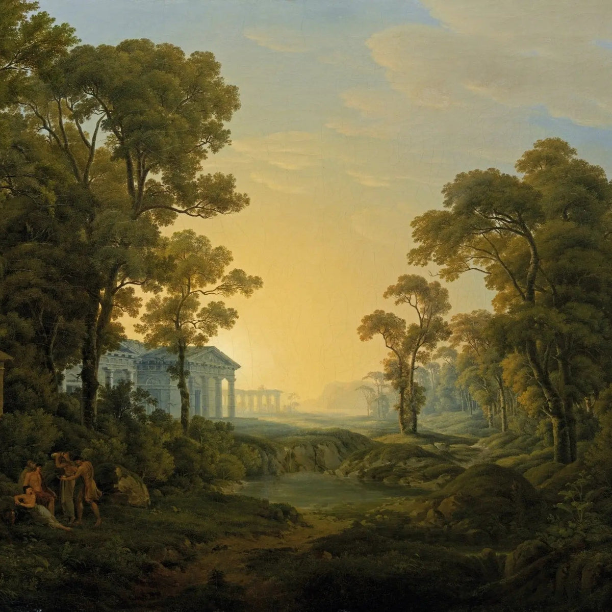 Landscape Oil Painting - Forest with Classical Building & Figures - Oil Painting Haven