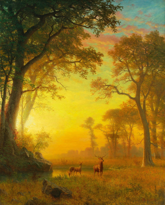 Landscape Oil Painting - Forest with Deer, Stream & Sunset - Oil Painting Haven
