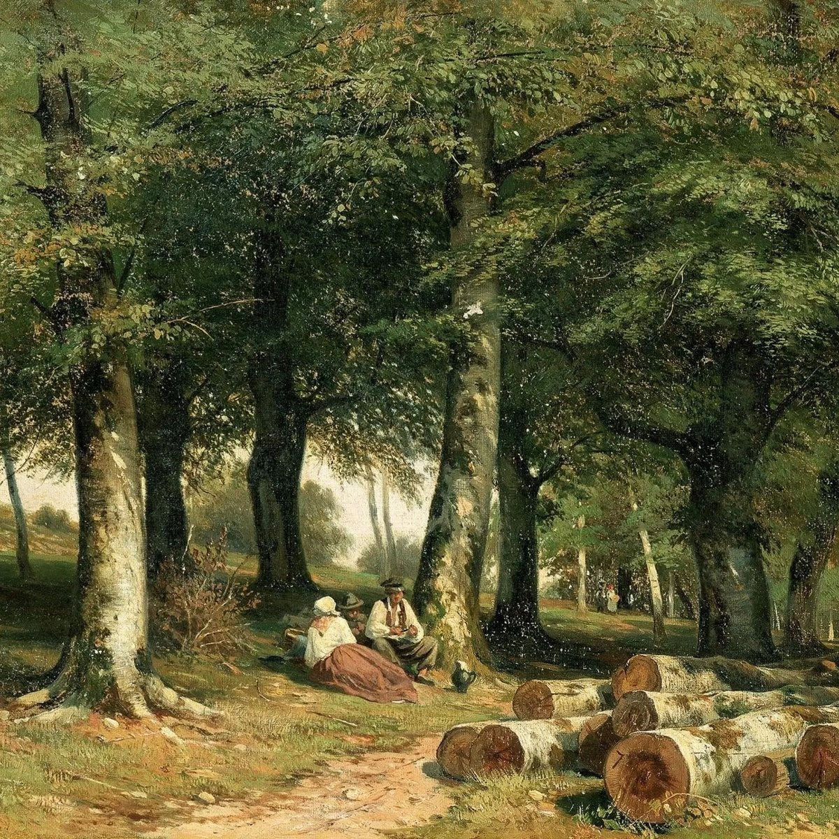 Landscape Oil Painting - Forest with Figures and Logs Wall Art - Oil Painting Haven