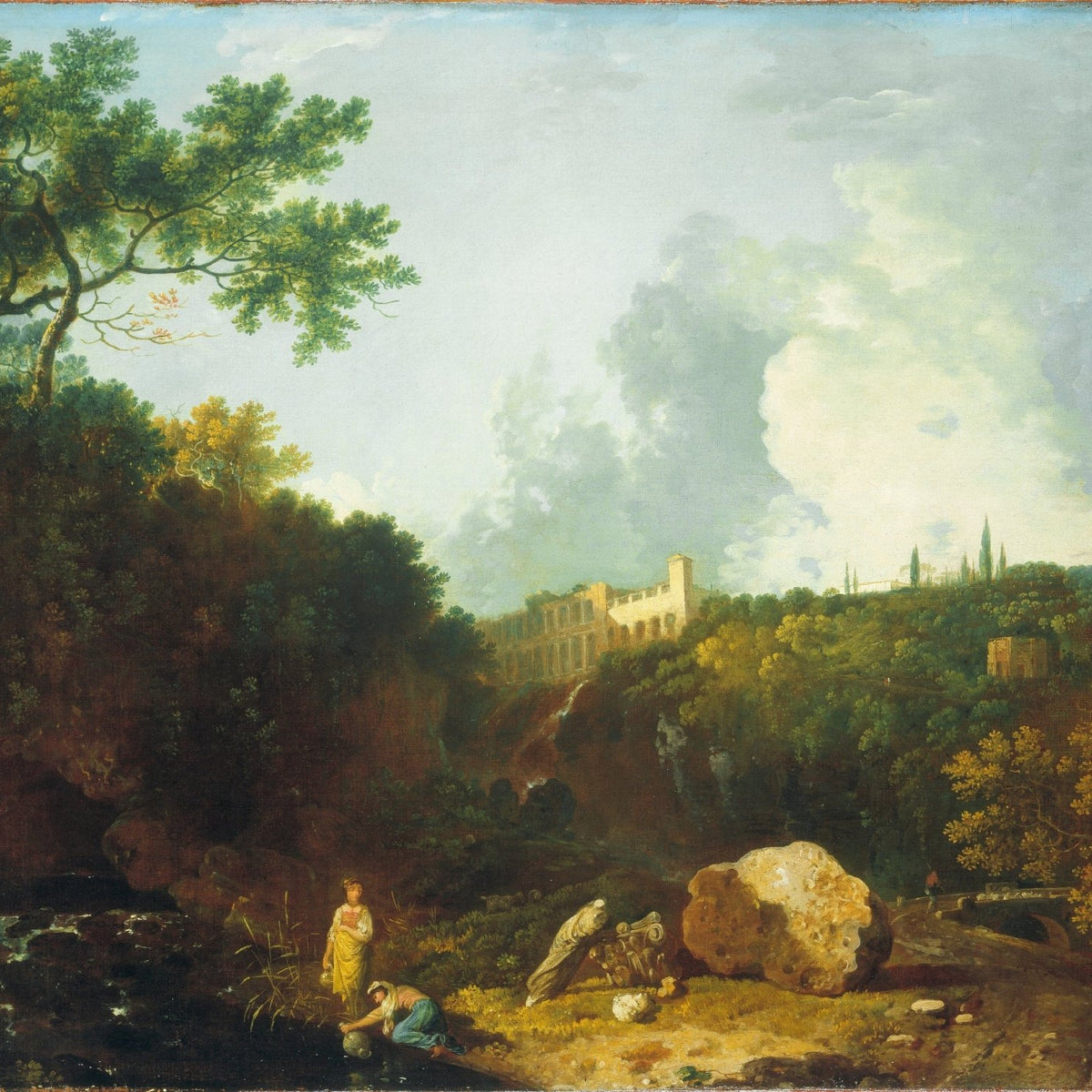 Landscape Oil Painting - Forested Valley with Ruins & Figures - Oil Painting Haven