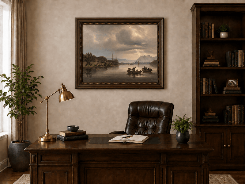 Landscape Oil Painting - Fredrikshald Harbor with Rowboats
