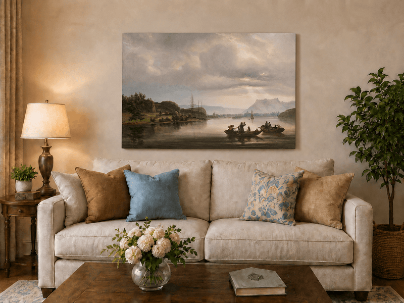 Landscape Oil Painting - Fredrikshald Harbor with Rowboats