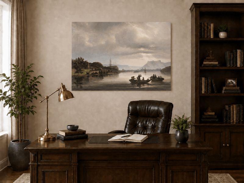 Landscape Oil Painting - Fredrikshald Harbor with Rowboats