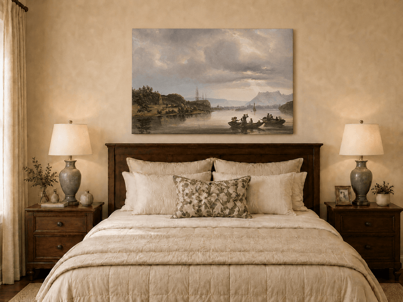 Landscape Oil Painting - Fredrikshald Harbor with Rowboats