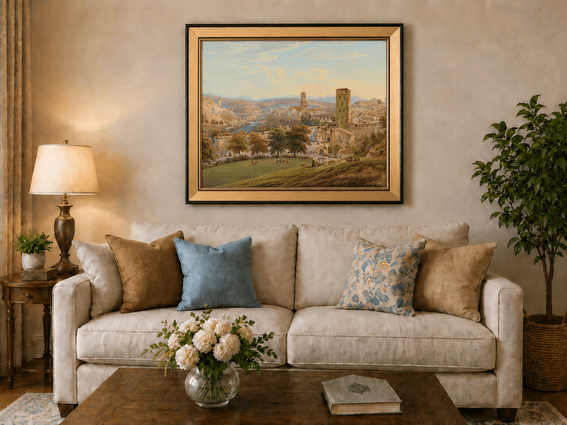 Landscape Oil Painting - Fribourg City View with Bridge and Cows