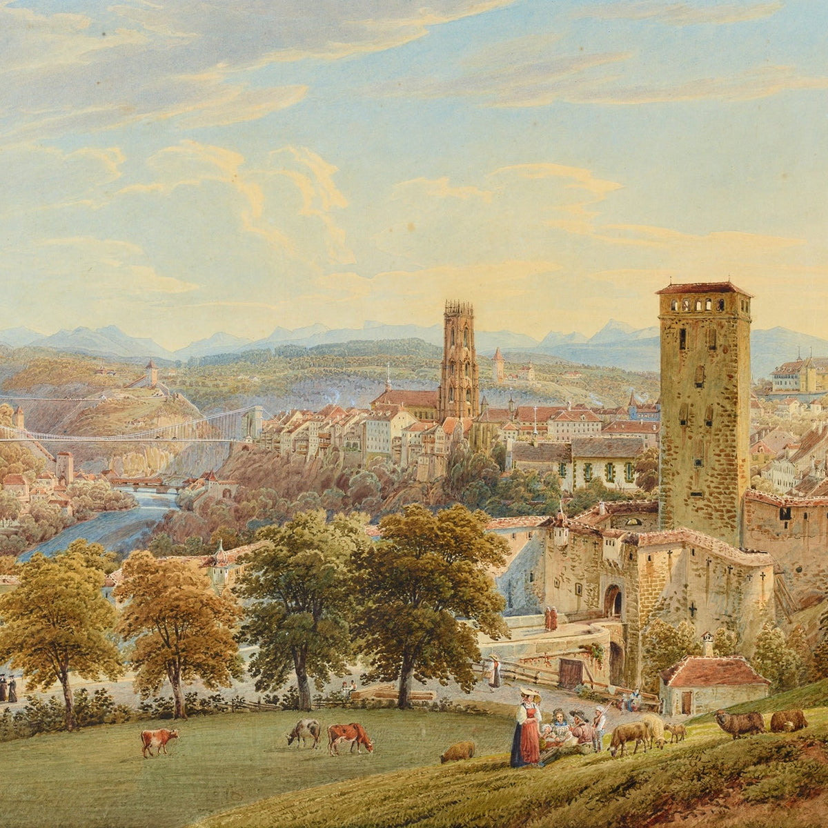 Hand-painted fribourg city view with bridge and cows landscape oil painting on canvas