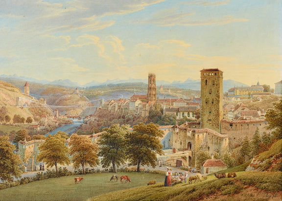Hand-painted fribourg city view with bridge and cows landscape oil painting on canvas
