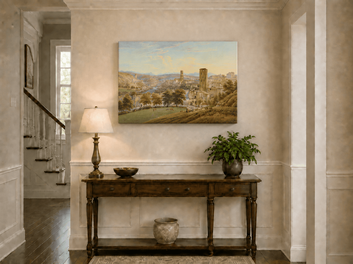 Landscape Oil Painting - Fribourg City View with Bridge and Cows