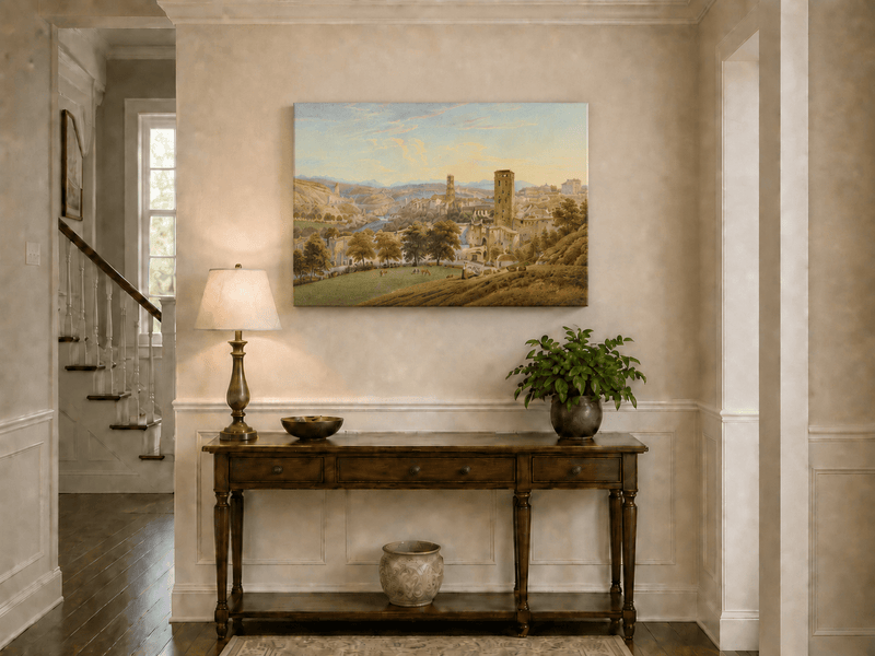 Landscape Oil Painting - Fribourg City View with Bridge and Cows