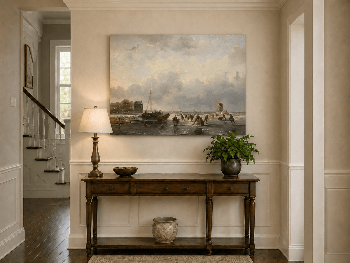 Pintura al óleo de paisaje - Escena invernal de canal con molino escarchado