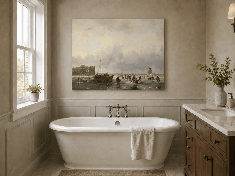 Pintura al óleo de paisaje - Escena invernal de canal con molino escarchado