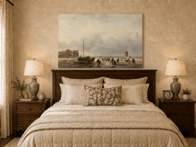 Pintura al óleo de paisaje - Escena invernal de canal con molino escarchado