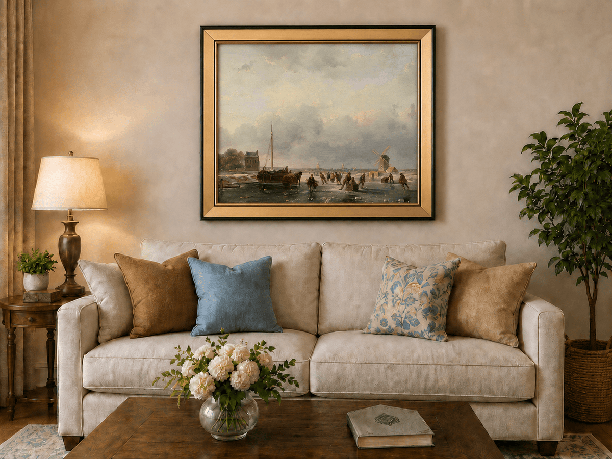 Pintura al óleo de paisaje - Escena invernal de canal con molino escarchado