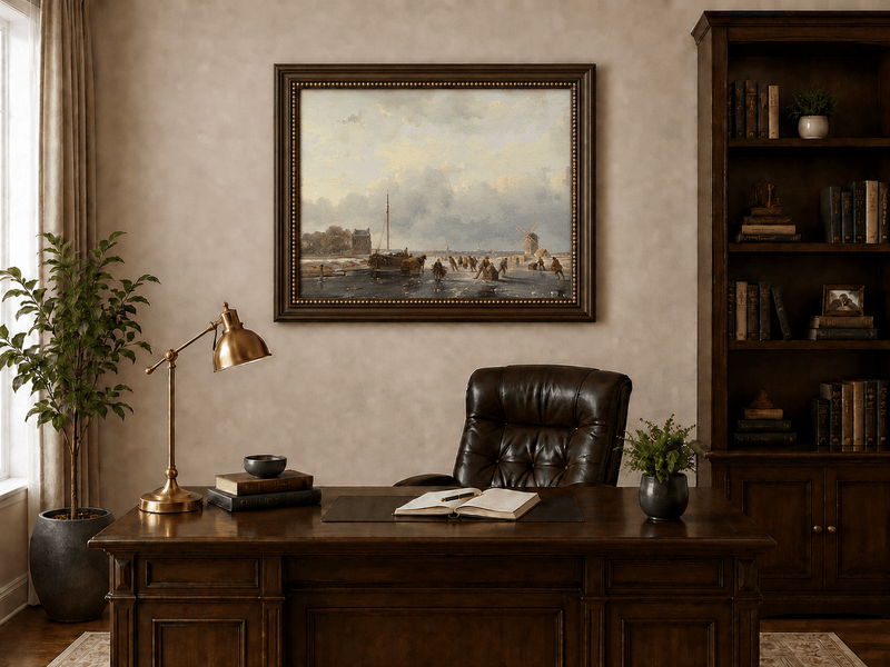 Pintura al óleo de paisaje - Escena invernal de canal con molino escarchado