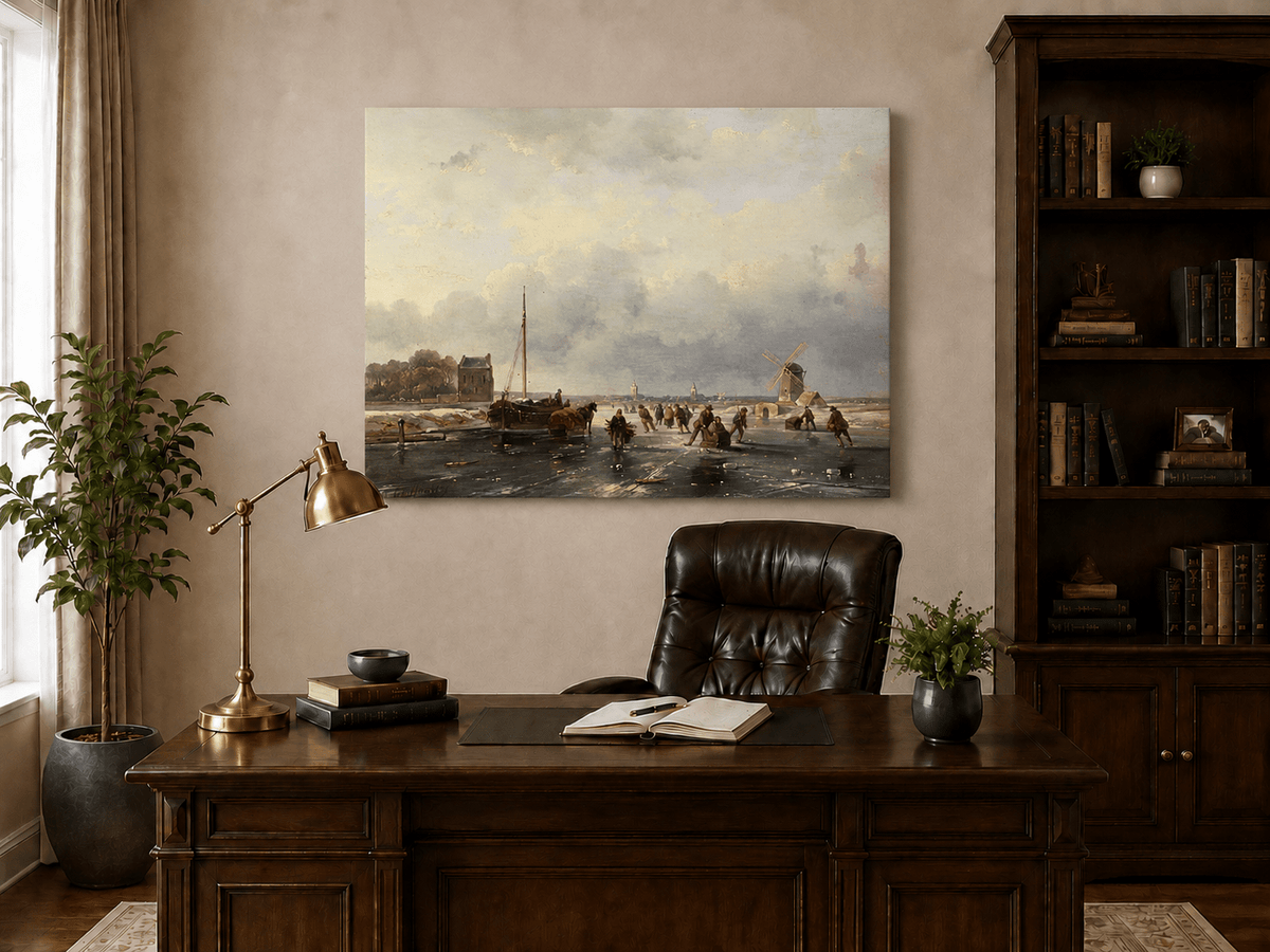 Pintura al óleo de paisaje - Escena invernal de canal con molino escarchado