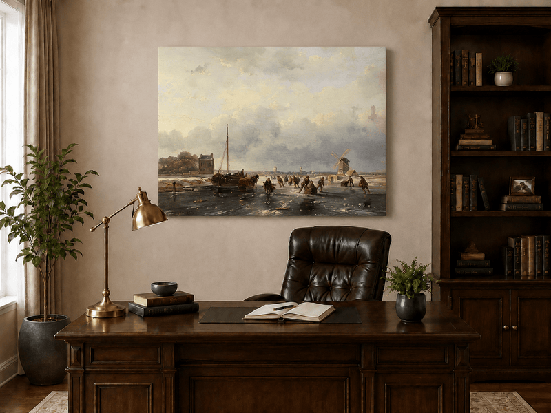 Pintura al óleo de paisaje - Escena invernal de canal con molino escarchado