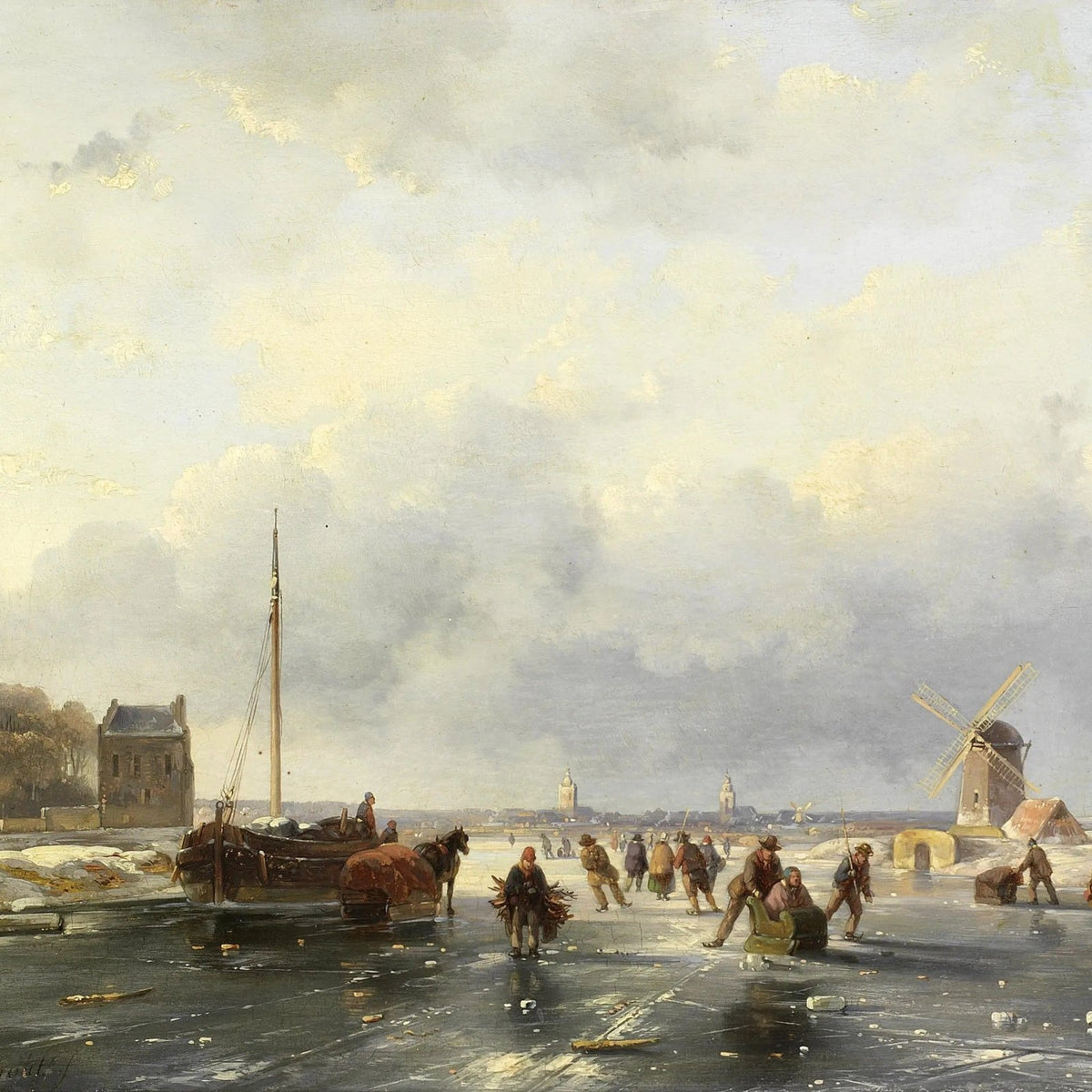 Landscape Oil Painting - Frosted Windmill Winter Canal Scene - Oil Painting Haven