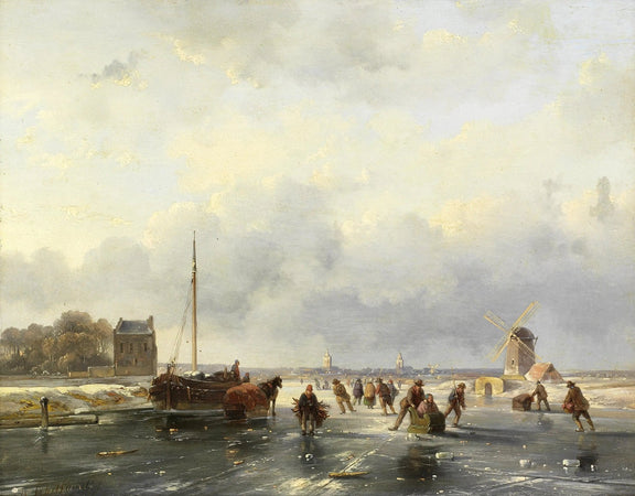 Landscape Oil Painting - Frosted Windmill Winter Canal Scene - Oil Painting Haven