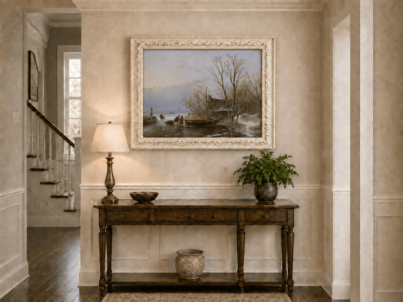 Landscape Oil Painting - Frozen Canal, Boat and Winter Trees