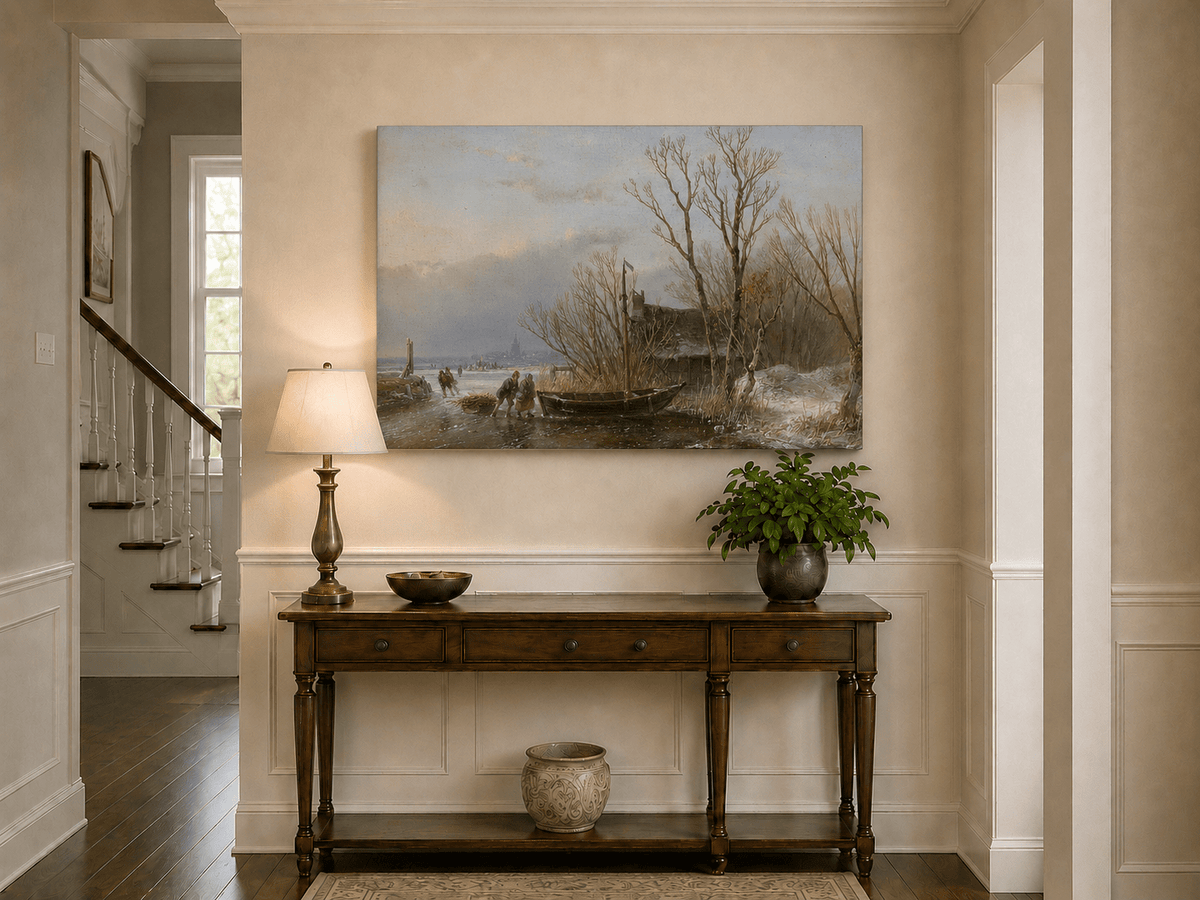 Landscape Oil Painting - Frozen Canal, Boat and Winter Trees