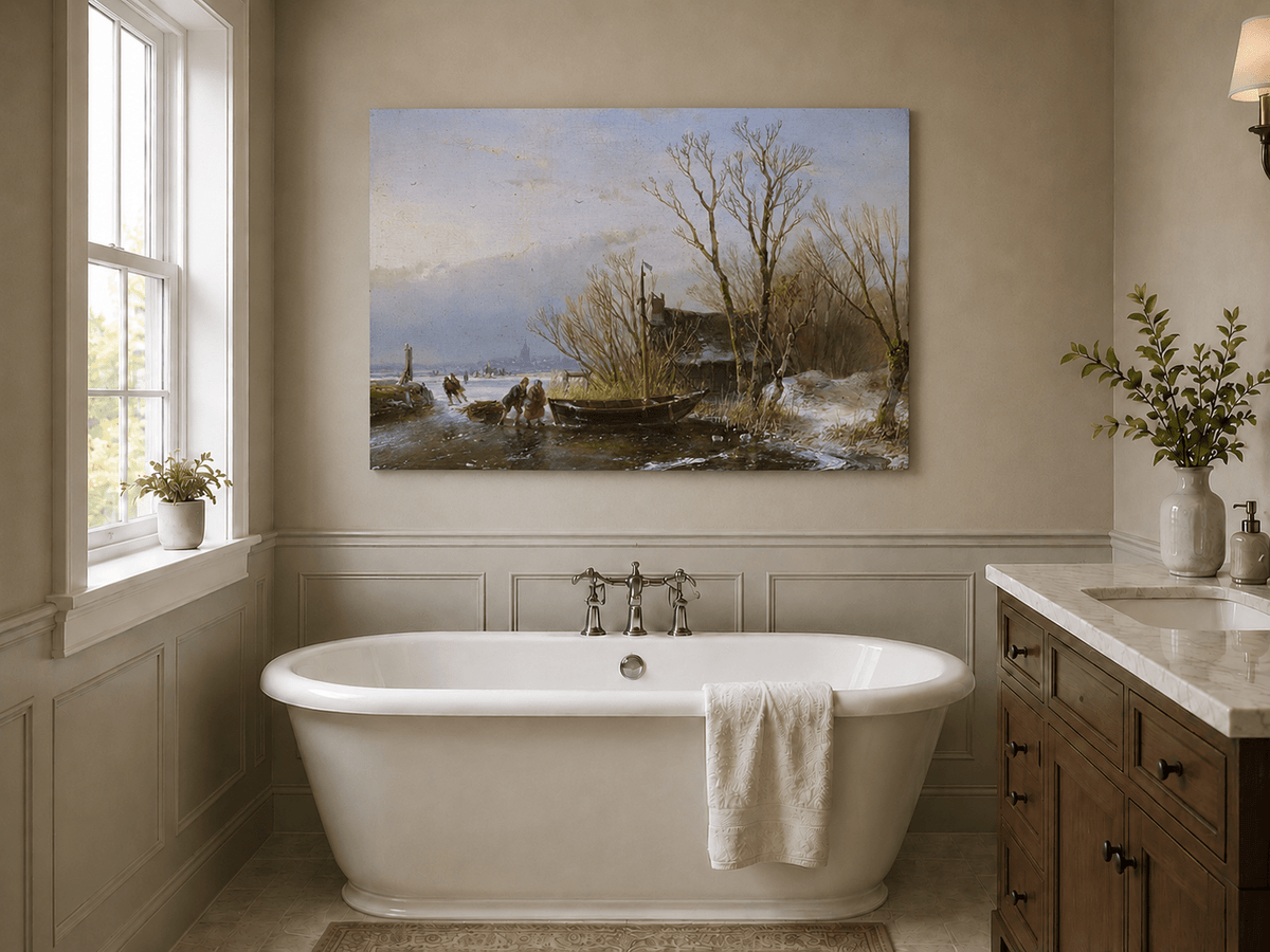 Landscape Oil Painting - Frozen Canal, Boat and Winter Trees