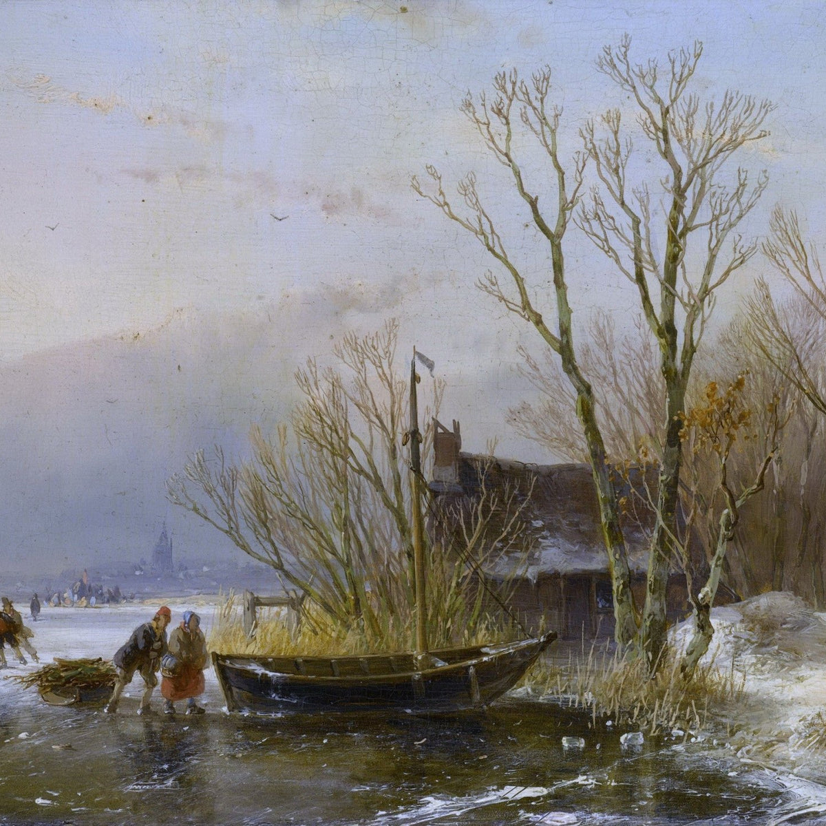Hand-painted frozen canal, boat and winter trees landscape oil painting on canvas