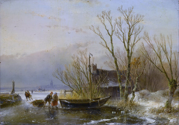 Hand-painted frozen canal, boat and winter trees landscape oil painting on canvas