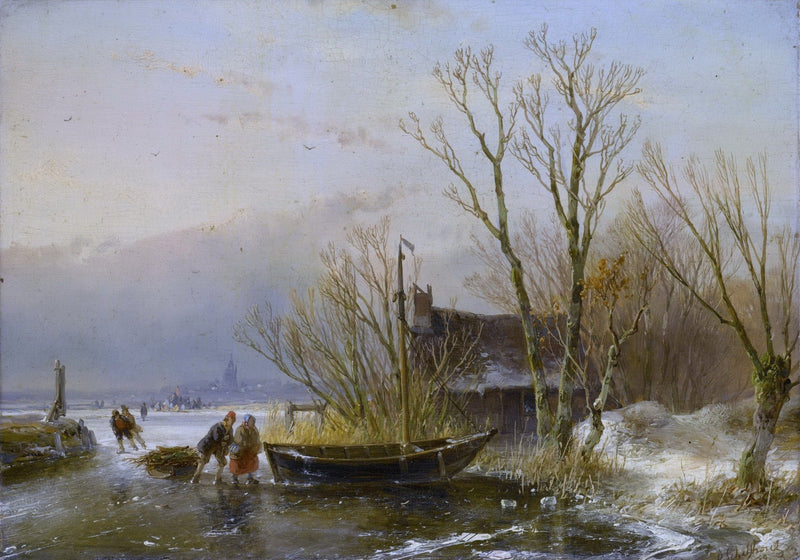 Hand-painted frozen canal, boat and winter trees landscape oil painting on canvas