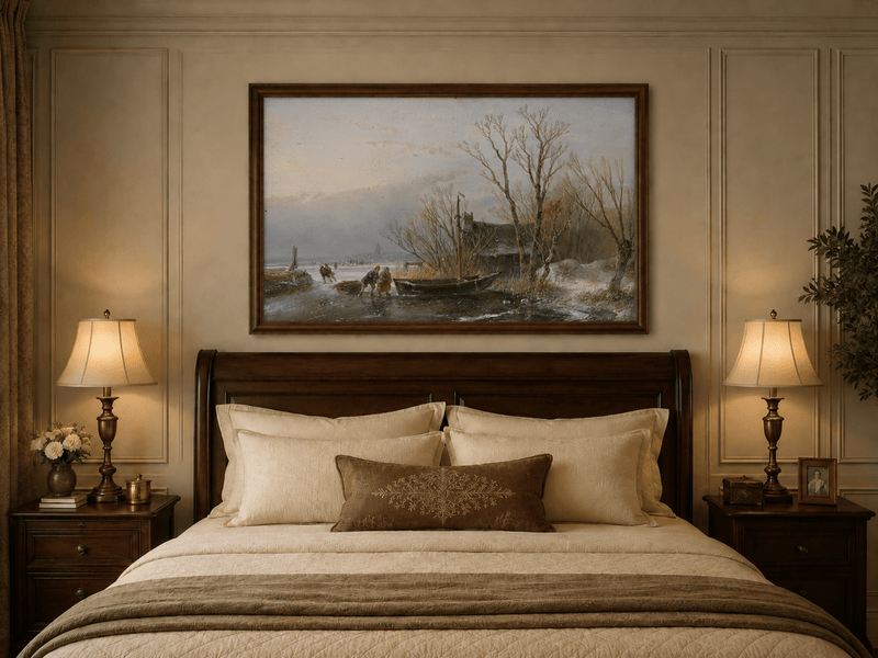 Landscape Oil Painting - Frozen Canal, Boat and Winter Trees
