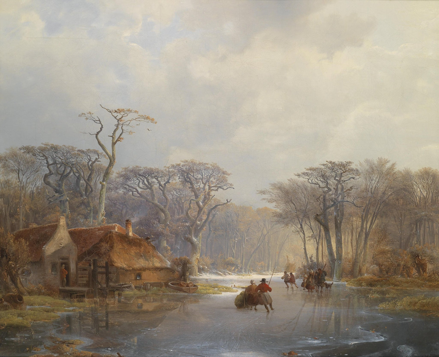 Landscape Oil Painting - Frozen River & Village Skaters, Thatched Cottage - Oil Painting Haven