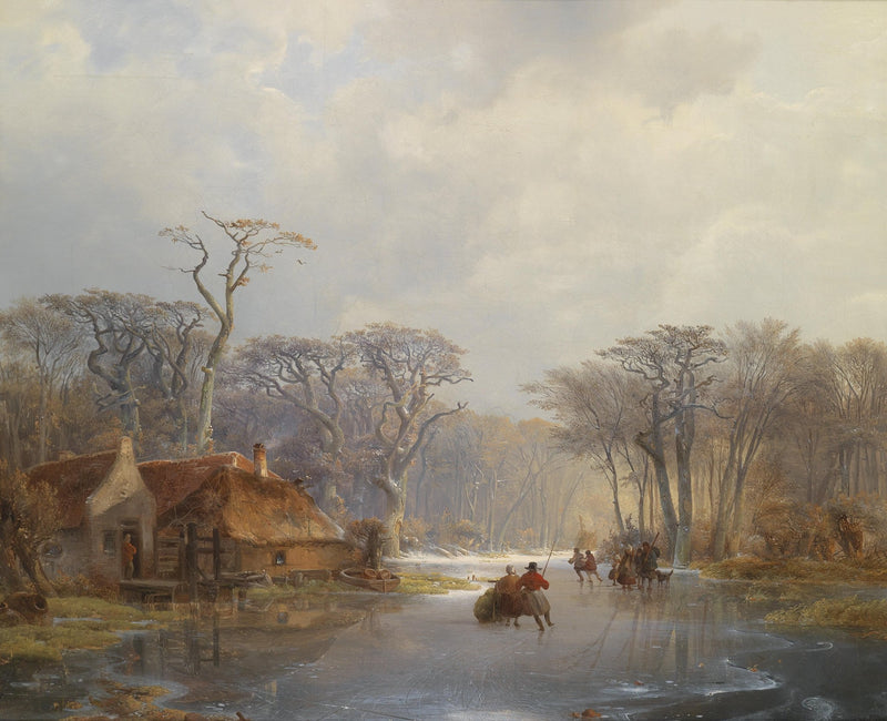 Landscape Oil Painting - Frozen River & Village Skaters, Thatched Cottage - Oil Painting Haven