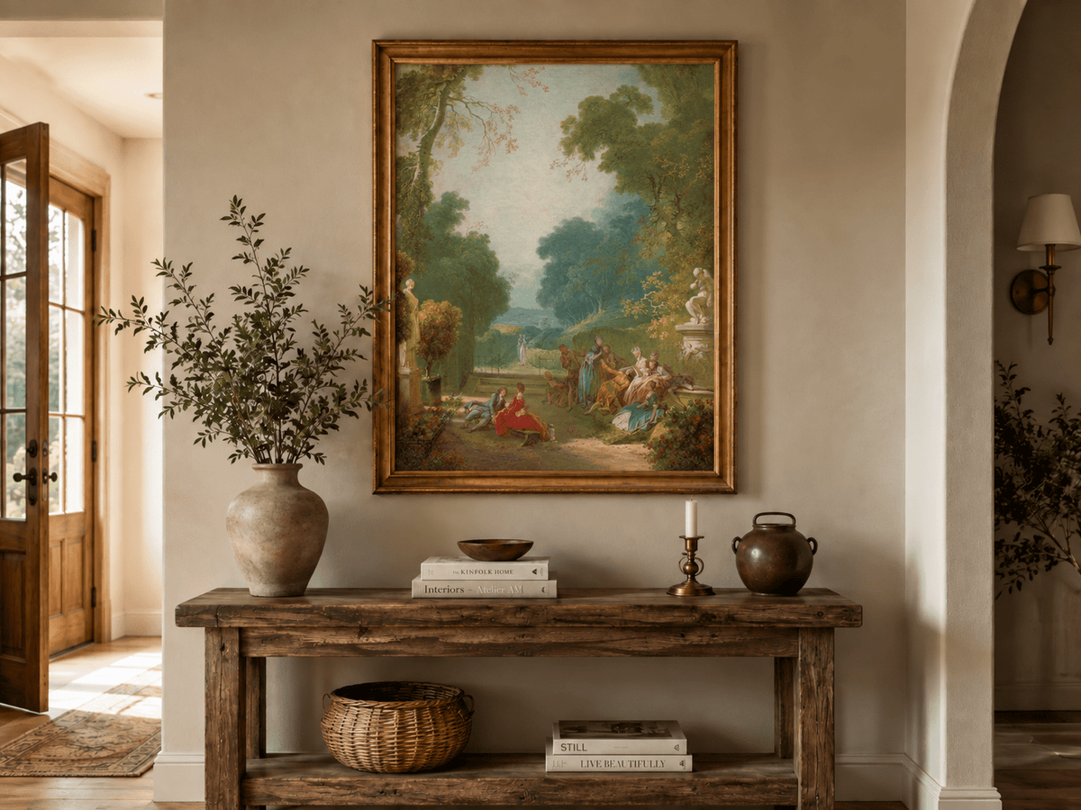 Peinture à l'huile de paysage - Rivière printanière avec pêcheur et arbres