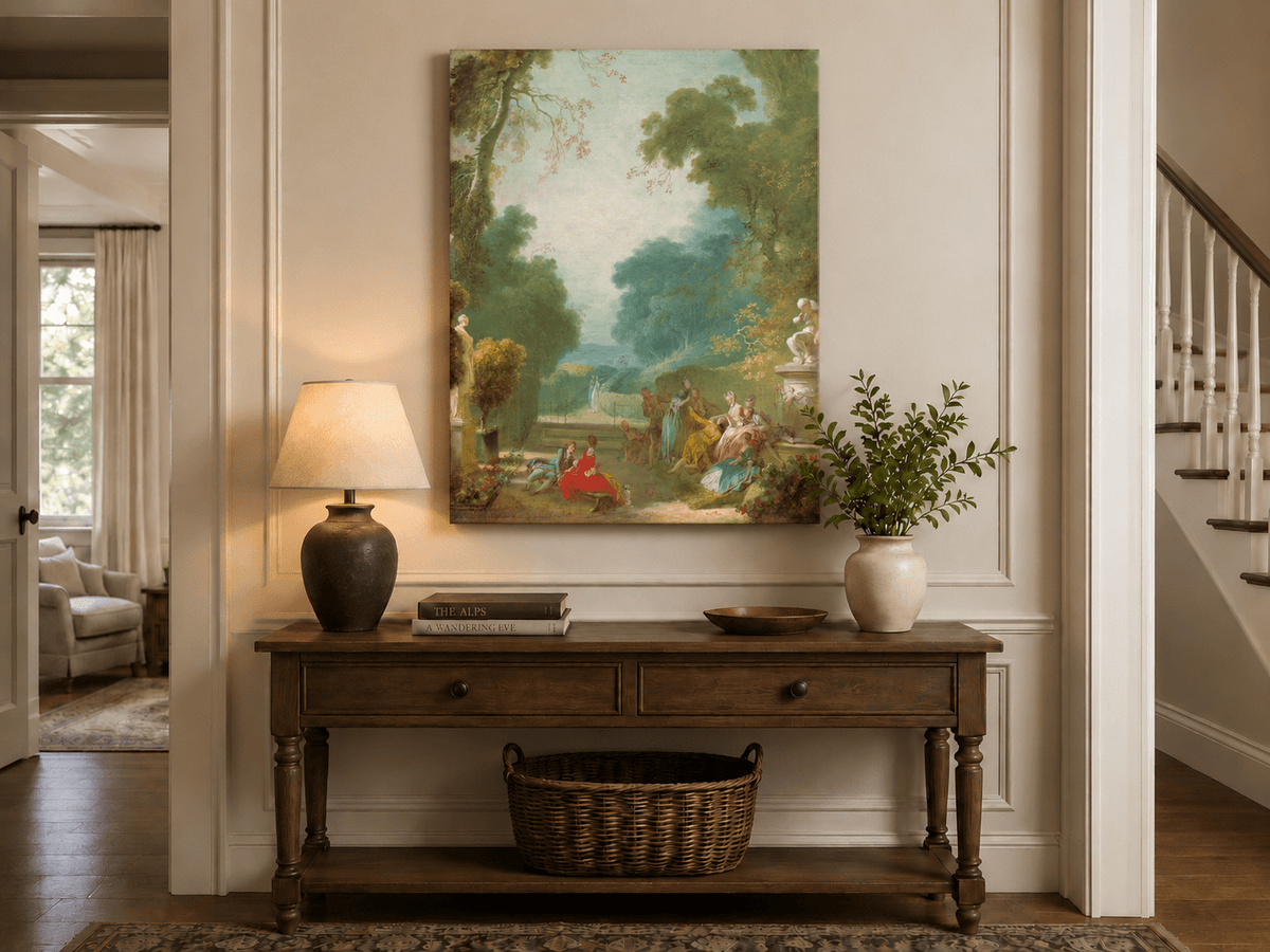Peinture à l'huile de paysage - Rivière printanière avec pêcheur et arbres